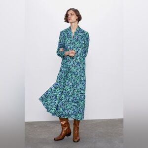 Zara Blue and Green Floral Long Sleeve Dress